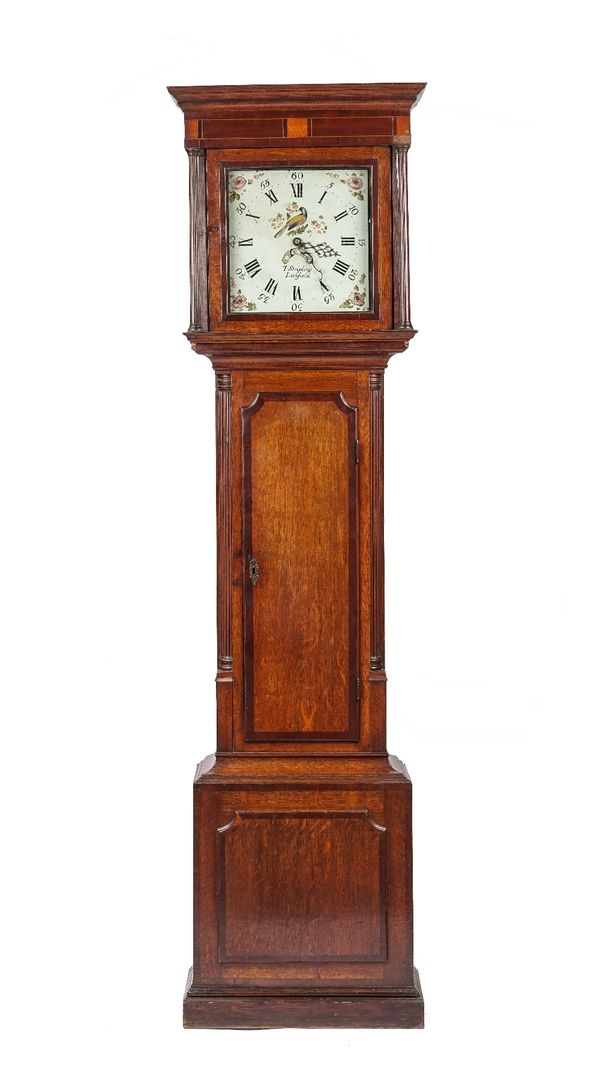 An oak longcase clock by T. Stripling Lichfield, early 19th century, square hood and painted dial with date aperture over a waisted case. 203cm high o