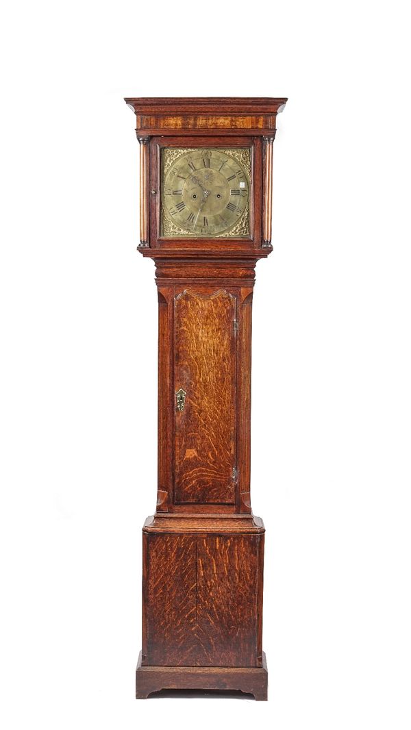 An oak 8-day longcase clock, late 18th century, by 'JN ASHTON LEEK' with square hood, brass dial with subsidiary seconds dial, two train movement with