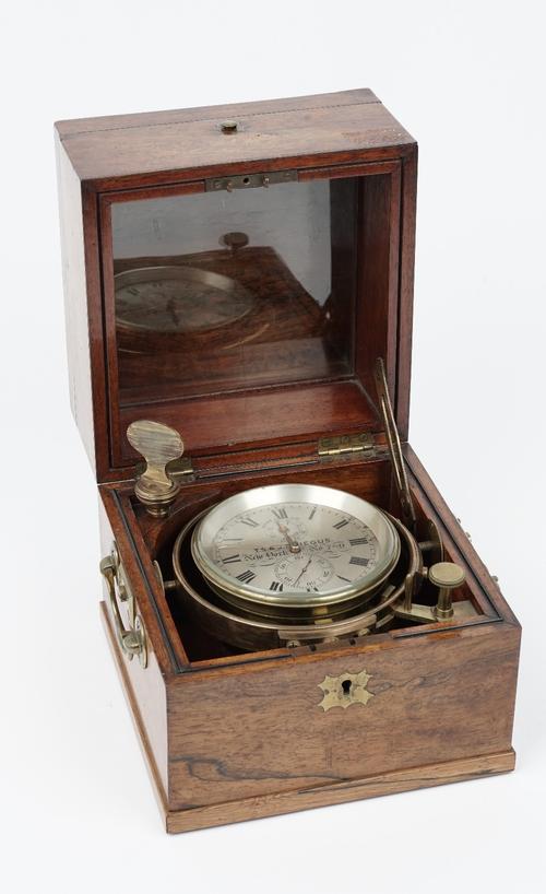 An interesting American walnut cased two-day marine chronometer by T.S. & J. D. Negus, New York, No. 780, circa 1850, the case probably circa 1870 (1