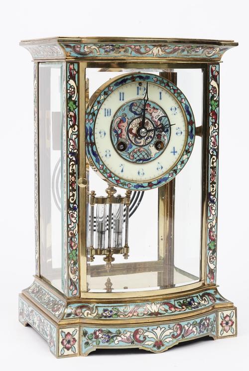 A French brass and champleve enamel four glass mantel clock, late 19th/ early 20th century, bow front, rectangular case, enamelled dial and two train