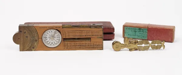 A Negretti and Zambra boxwood and brass multi-functional folding ruler including; compass, level and protractor, case (16.5cm) and a Harrisons improve