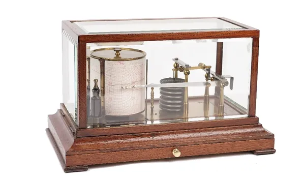 A 20th century oak cased barograph, un-signed, in a glazed rectangular case with frieze drawer to the base, 36cm wide.