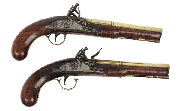 A pair of Ketland and Co flintlock pistols, early 19th century, the brass barrels,  20.5cm, stamped 'LONDON', the plain lockplate engraved 'Ketland &