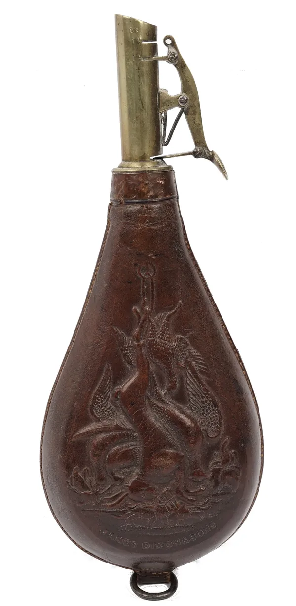 James Dixon & Sons, an early 19th century leather and brass shot flask, embossed with hanging game, 22.5cm.