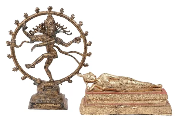 A 20th century Indian gilt bronze figure depicting Shiva Nataraja, standing, dancing on Apasmarapurusa, the dwarf of ignorance beneath a circular aure