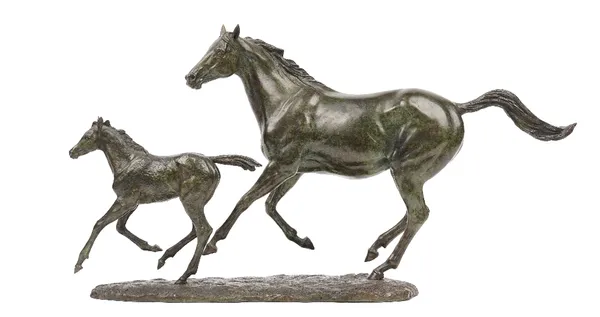 Jonathan Knight, a modern patinated bronze equestrian group signed 'KNIGHT,' artist's copy, modelled and cast as a mare and foal on a naturalistic ver