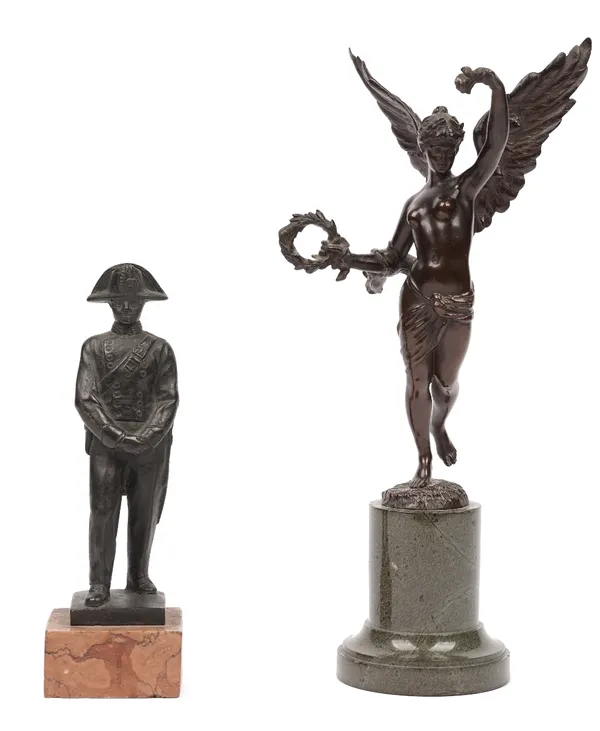 Herman Eichberg, German bronze 'Nike' Greek goddess of speed, strength and victory, circa 1900, signed and raised on a green marble base, 29.5cm high