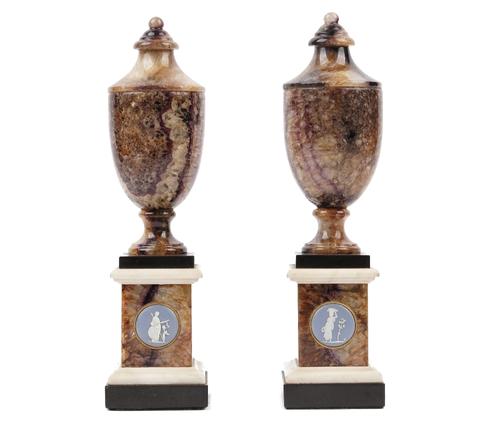 A pair of George III Blue john Derbyshire spa, marble and jasperware-mounted urns, the circular plaques perhaps by Wedgwood & Bentley, circa 178025 cm