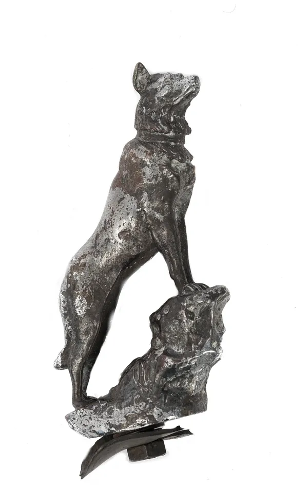 An early 20th century chromed metal car mascot depicting a German shepherd, signed 'Charle', with indistinct limited edition number to the rear, 12cm