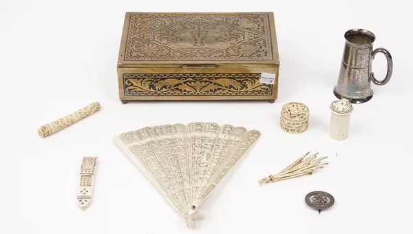 A small group of collectables including; an early 19th century Chinese ivory fan, an 18th century carved bone needle case, a 19th century Chinese carv