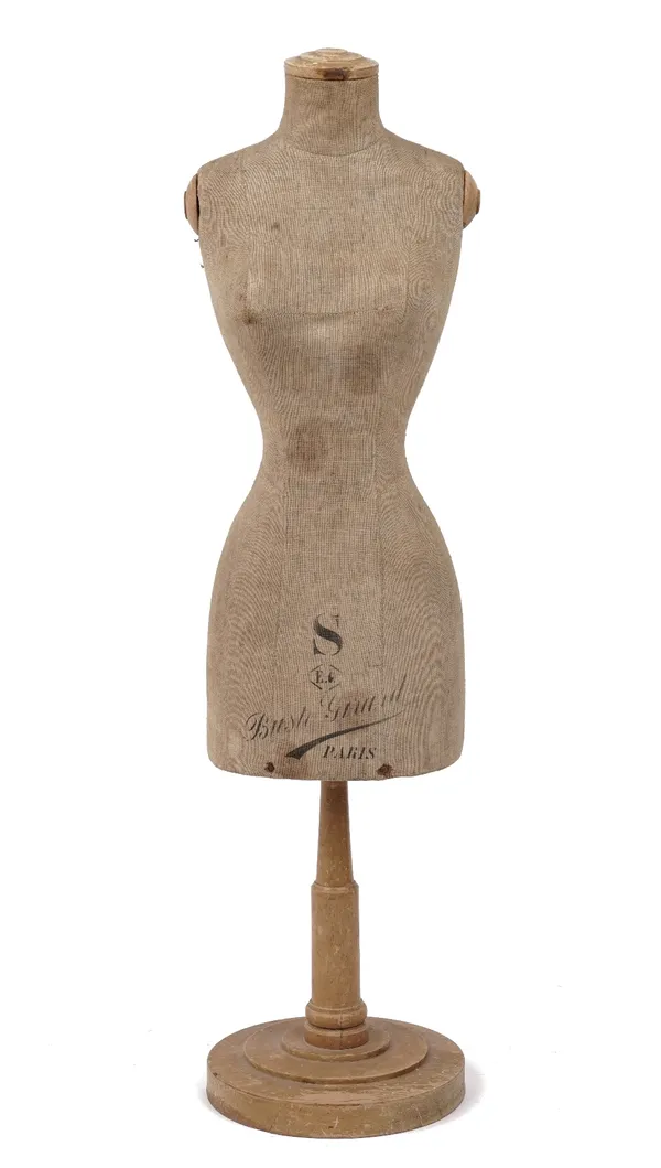 A tailor's table top dummy, early 20th century, female form with textile torso on a beech wood base, 62cm high.