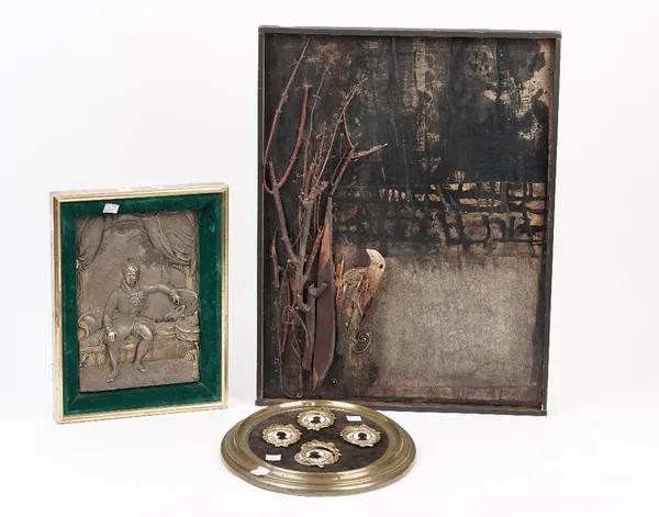 A wooden decoupage picture 'Voila L'Autonine' by Louis Pom, 2006, Paris, 51.5cm x 39.5cm, a gilt metal embossed plaque depicting a Victorian gentleman