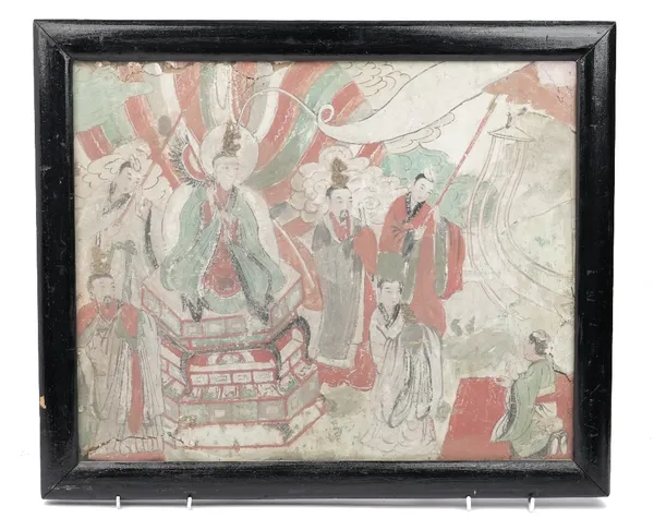 A Chinese painted rectangular panel, probably 19th century, depicting figures in an interior, in a later ebonised wooden frame, 55cm x 44cm.