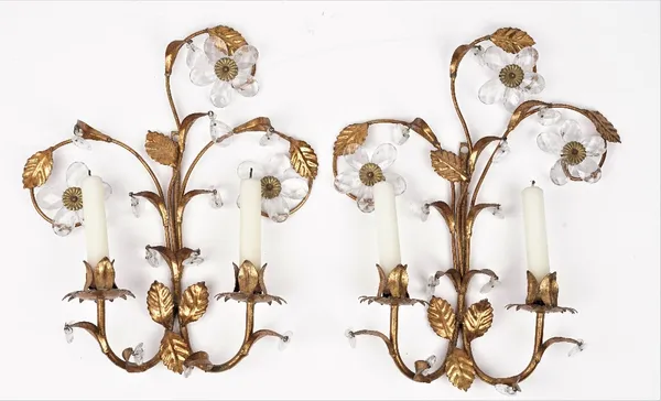 A pair of modern gilt metal two branch wall sconces, each foliate cast and hung with crystal drops, 40cm high, and a pair of Victorian style gilt and