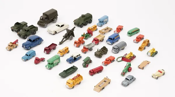 A quantity of die-cast vehicles, playworn, including; Dinky military, Matchbox Lesney and sundry, (approx. 35).