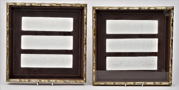 A set of twelve modern plaster intaglios, each relief moulded and of rectangular form, housed in four faux bamboo giltwood glazed cases, 38cm x 37cm,