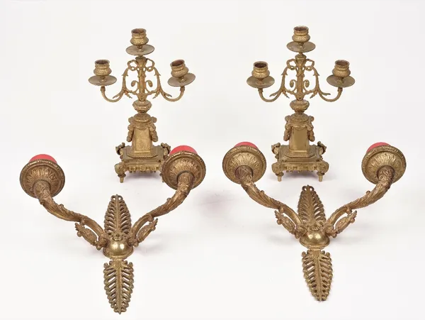 A pair of French 19th century style gilt metal two branch wall appliques, each with foliate cast backplate, 40cm high, and a pair of Victorian style g