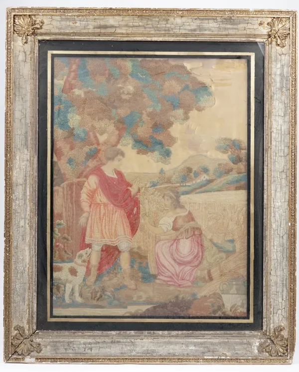 A Regency silkwork picture depicting a figural harvest scene in a distressed gilt and painted wooden frame, 84cm x 69cm overall, a smaller Regency sil