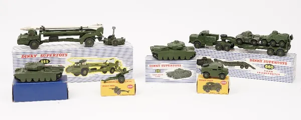 Dinky military vehicles, including; 660 Tank transporter, 666 Missile erector vehicle, 686 25 pounder field gun, 688 field artillery tractor, 651 Cent