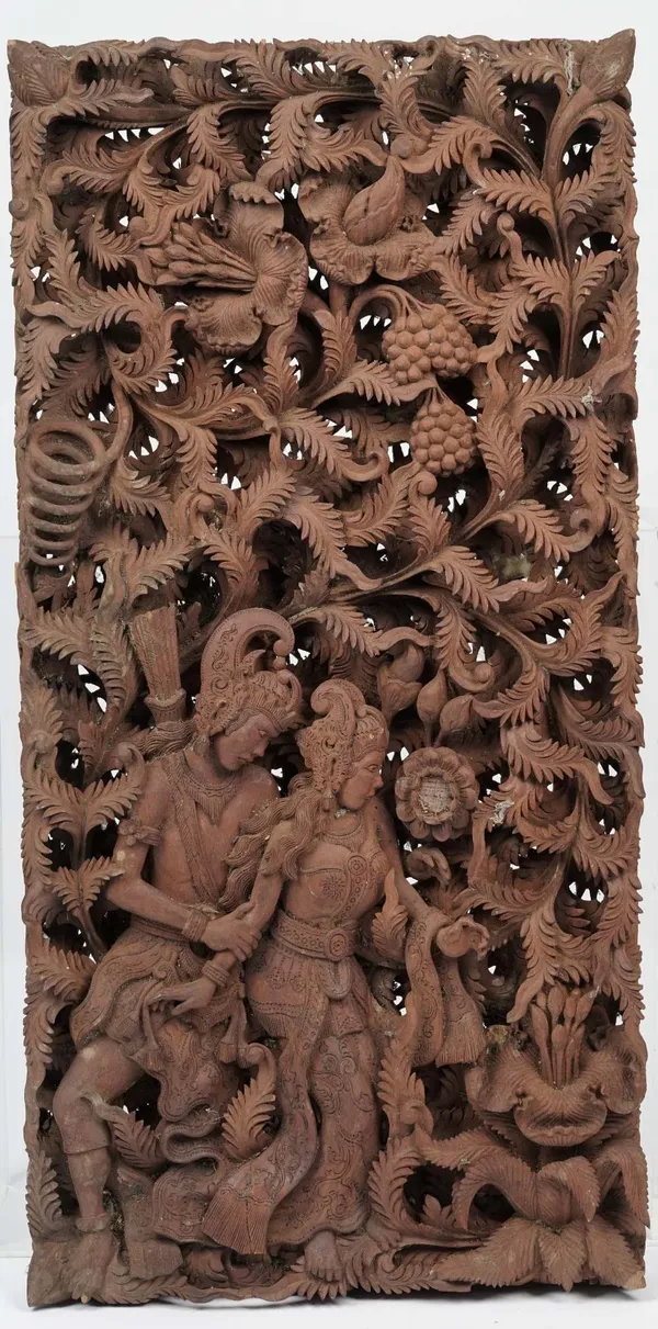 Four modern South East Asian hardwood panels, each intricately carved in deep relief, in an integral rectangular frame, the largest 112cm x 60cm, (4).