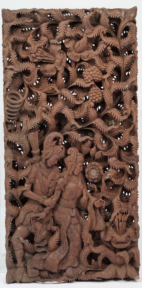 Four modern South East Asian hardwood panels, each intricately carved in deep relief, in an integral rectangular frame, the largest 112cm x 60cm, (4).