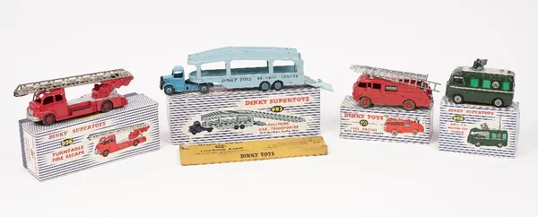 Four Dinky die-cast vehicles, a 955 Fire engine with extending ladder, a 956 Turntable fire escape, a 968 B.B.C. T.V. Roving Eye vehicle and a 982 Pul