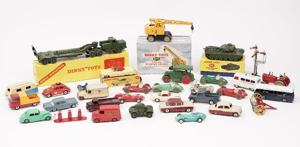 A quantity of mainly Dinky die-cast vehicles including; a 660 Tank transporter, boxed, a 131 Cadillac tourer, boxed, a 131 Cadillac tower, boxed, a 65