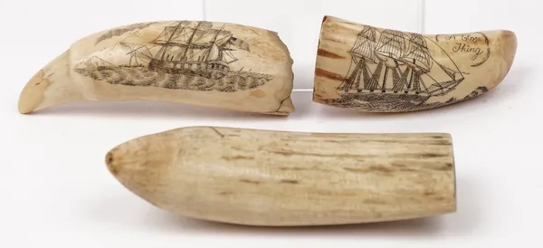 Three scrimshaw whale's teeth, circa 1865, each with later decoration, the longest 13cm, (3).