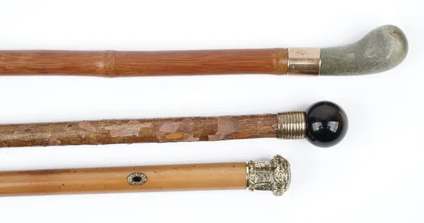 An early 20th century walking cane with spherical tiger's eye pommel, 73cm, another with a gold plated pommel and inset bloodstone engraved 'AS', 85cm