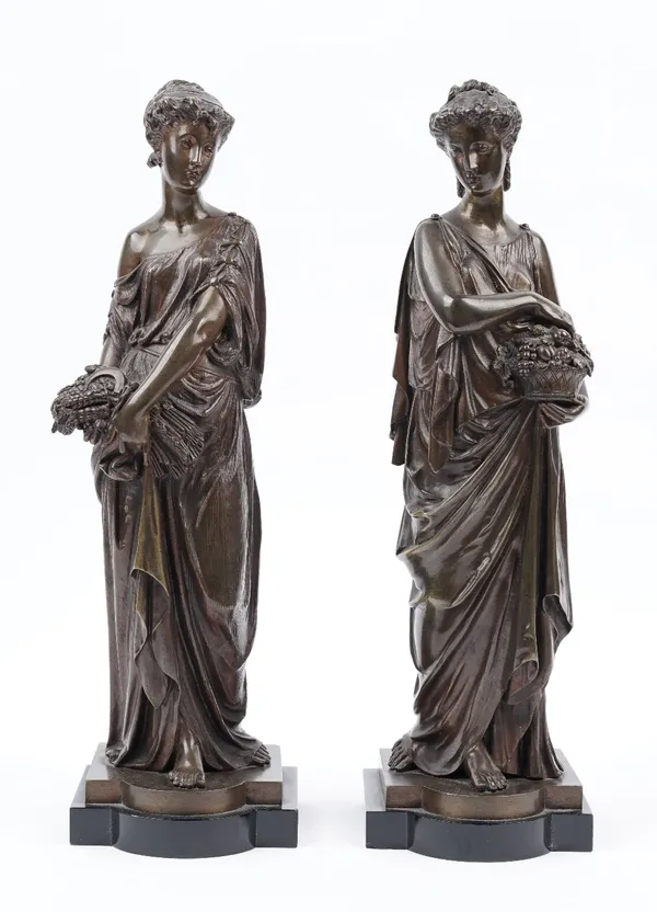 A pair of late 19th century bronze female figures, each emblematic of the seasons on a bowfront marble plinth, signed 'L. Pilat', 38cm high, (2).