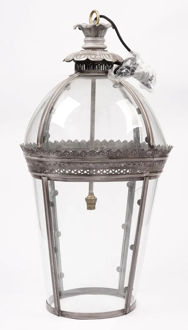 A Georgian style hanging lantern, modern, of domed tapering cylindrical form with pierced metal grey frame and single light fitment to the interior, 8