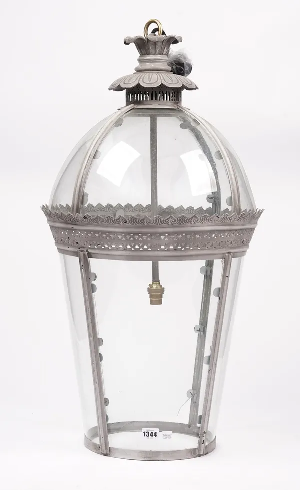 A Georgian style hanging lantern, modern, of domed tapering cylindrical form, with pierced metal grey frame and single light fitment to the interior,