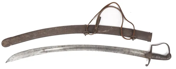 A mid-19th century sabre with curved steel blade, 83cm, steel hilt, and knuckle bow guard, and a ribbed wooden grip in a steel scabbard.