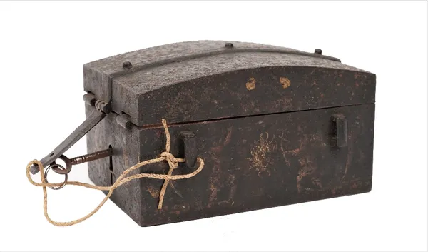 A cast iron strong box, 18th/19th century, with domed hinged cover, the sides with cast iron loops for straps and painted and decorated with cherubs f