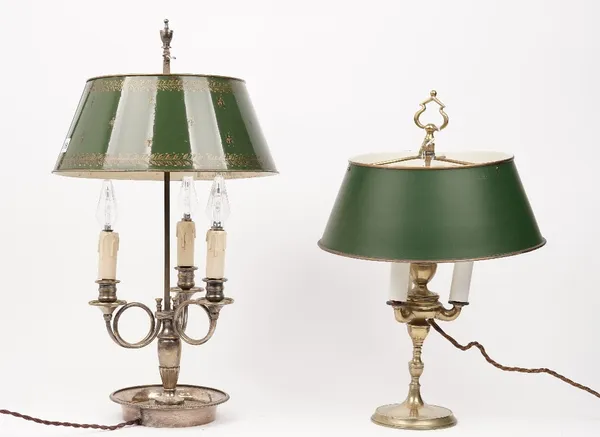 An early 20th century silver plated buillotte table lamp, with adjustable tin shade, 60cm, and another later brass version, 50cm high, (2).