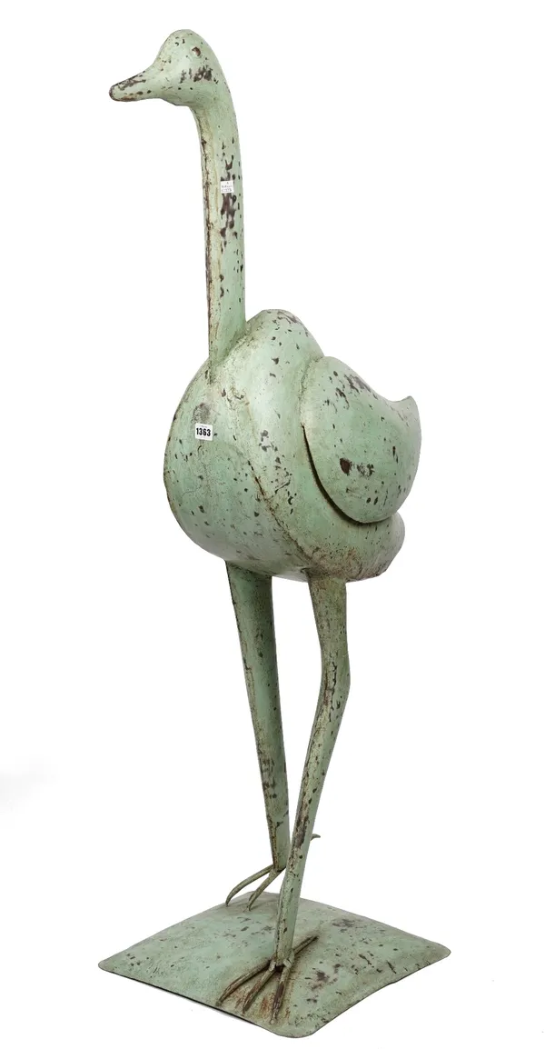 A modern metal bird sculpture, probably an ostrich, green painted with distressed finish, on an integral base, 140cm.