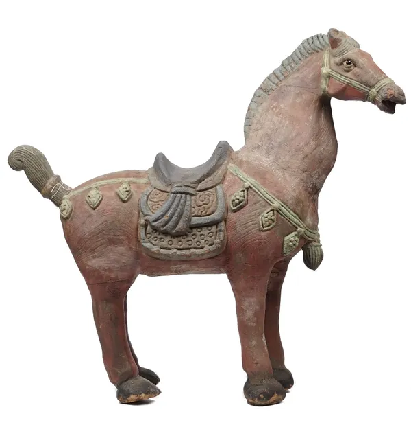 A pair of modern polychrome painted wooden Tang horses, each in standing pose, 96cm high.