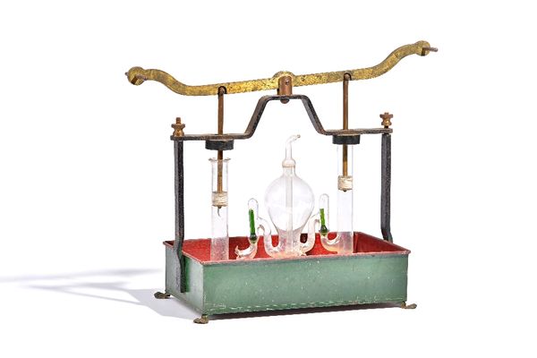 A glass and brass demonstration pump, 19th century, with painted metal rectangular water reservoir mounted with twin glass cylinders (damaged), operat