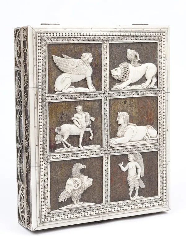 An early 19th century rectangular wooden box, with relief carved ivory panels to the hinged lid depicting six anthropomorphic figures within a beaded