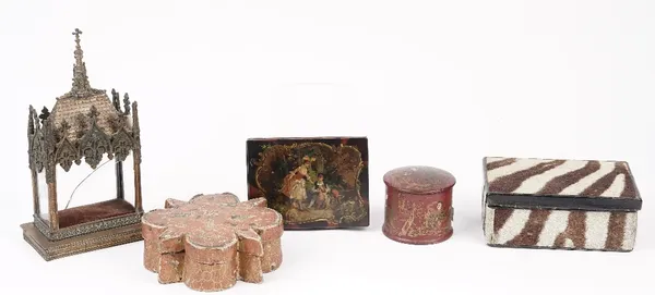 An Italian painted wooden box and cover, possibly 18th century, gilt red 'bird' decorated against a shaped ground, 15cm wide, a  papier mache box with