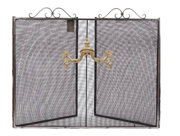 An ebonised steel folding fire screen, with triptych mesh panels, 89cm high, 250cm wide overall.