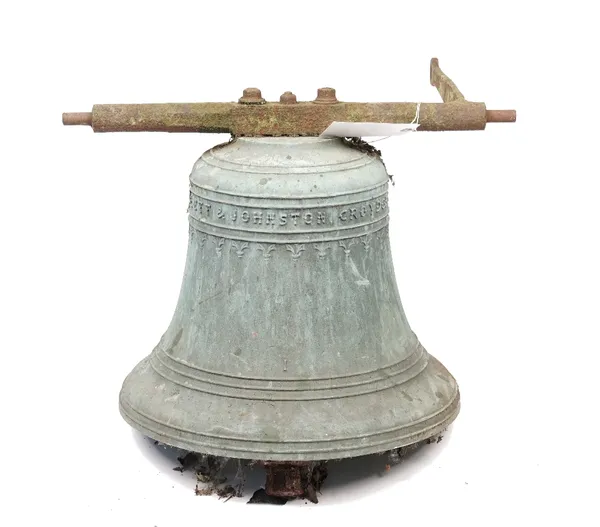 A large bronze bell, verdigris patination, detailed 'GILLETT & JOHNSTON, CROYDON 1925', 35cm high, with attached cast iron mounting bracket.