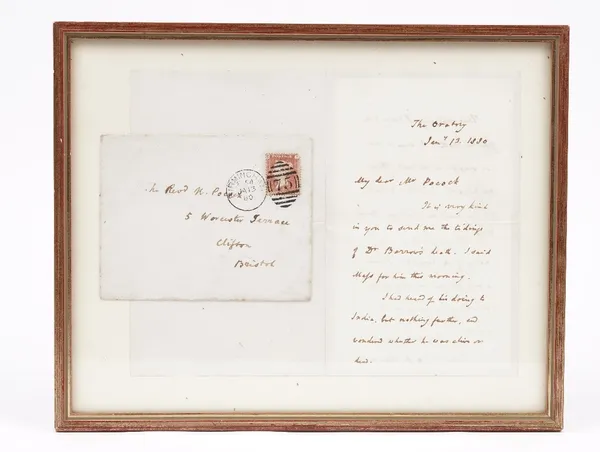 Ephemera:  NEWMAN (John Henry) Cardinal Newman (1801 - 1890)a two page autographed letter, twenty lines, dated Jan 13, 1880, written from The Oratory