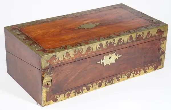 An early 19th century brass inlaid mahogany writing slope, with fitted interior, 51cm wide x 18cm high.