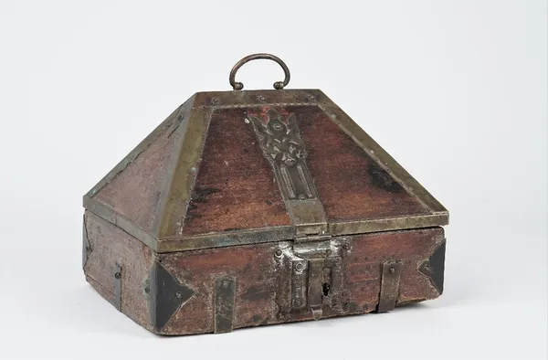 An 18th century Indo French brass mounted hardwood casket, 27cm wide x 19cm high.