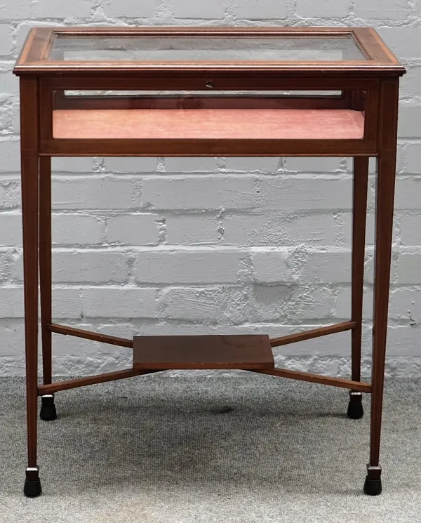 An Edwardian inlaid mahogany and satinwood rectangular bijouterie table, on tapering square supports, 65cm wide x 77cm high.