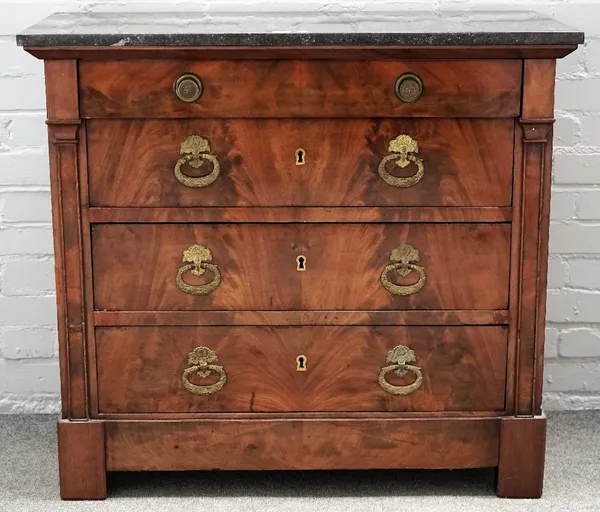 A 19th century French marble top commode, with mahogany four drawer base, 96cm wide x 88cm high.