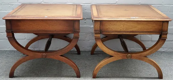 A pair of mahogany square low tables, with 'X' frame supports, 61cm wide x 52cm high.