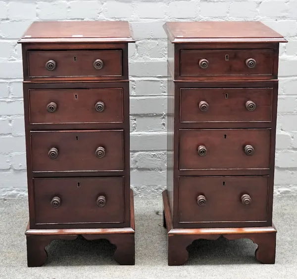 A pair of mid-18th century style mahogany four drawer pedestals on bracket feet, 36cm wide x 77cm high.