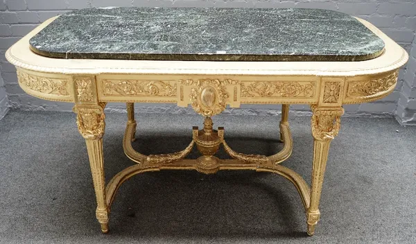 An 18th century French style marble topped gilt centre table on fluted supports united by urn mounted stretcher, 154cm wide x 78cm high.